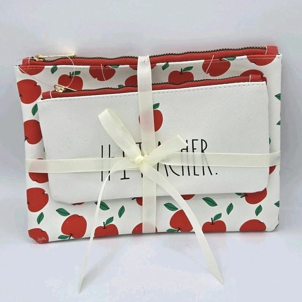 Rae Dunn Teacher Appreciation Themed Pencil Pouch Set Apple Print Gift‎ New